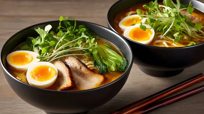 Japanische Ramen-Suppe mit Eiern und Gemüse