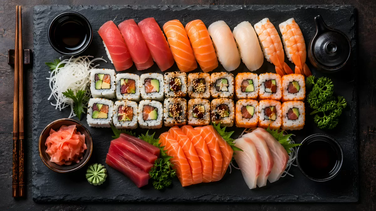 Japanische Sushi-Platte mit Nigiri, Maki und Sashimi