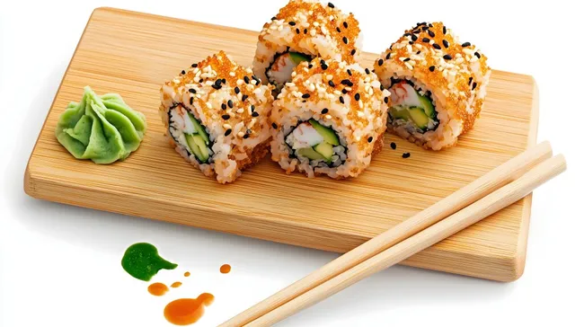 Japanische Sushi-Rollen mit Wasabi und Sojasauce