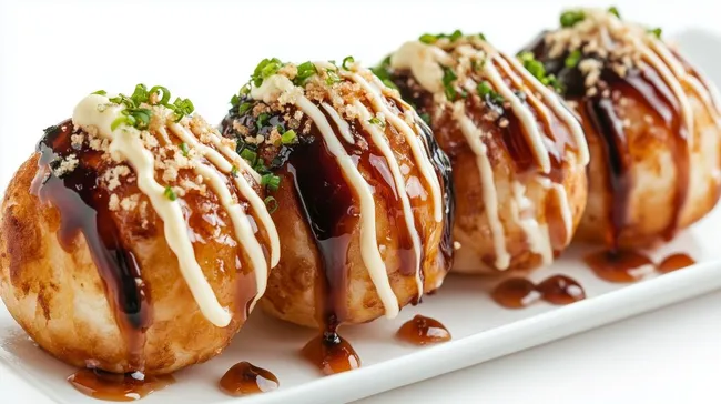 Japanische Takoyaki-Bällchen mit würziger Sauce