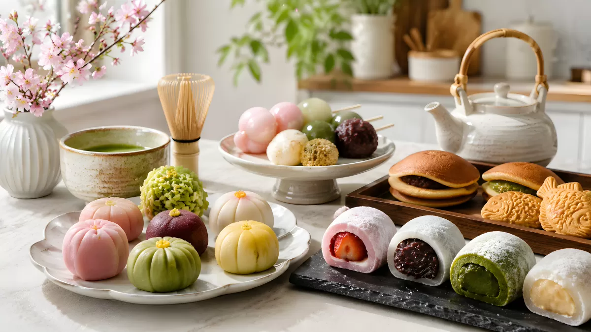 Japanische Wagashi Süßigkeiten mit Matcha und Mochi