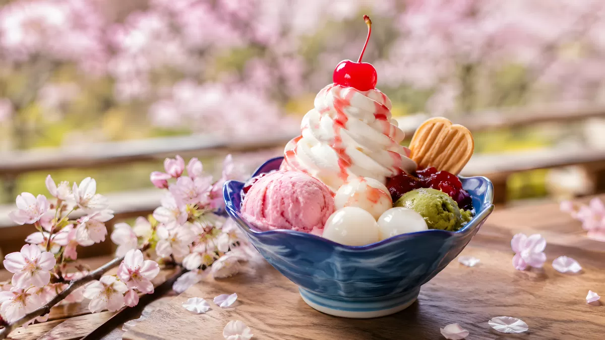Japanischer Eisbecher mit Matcha und Kirschblüten