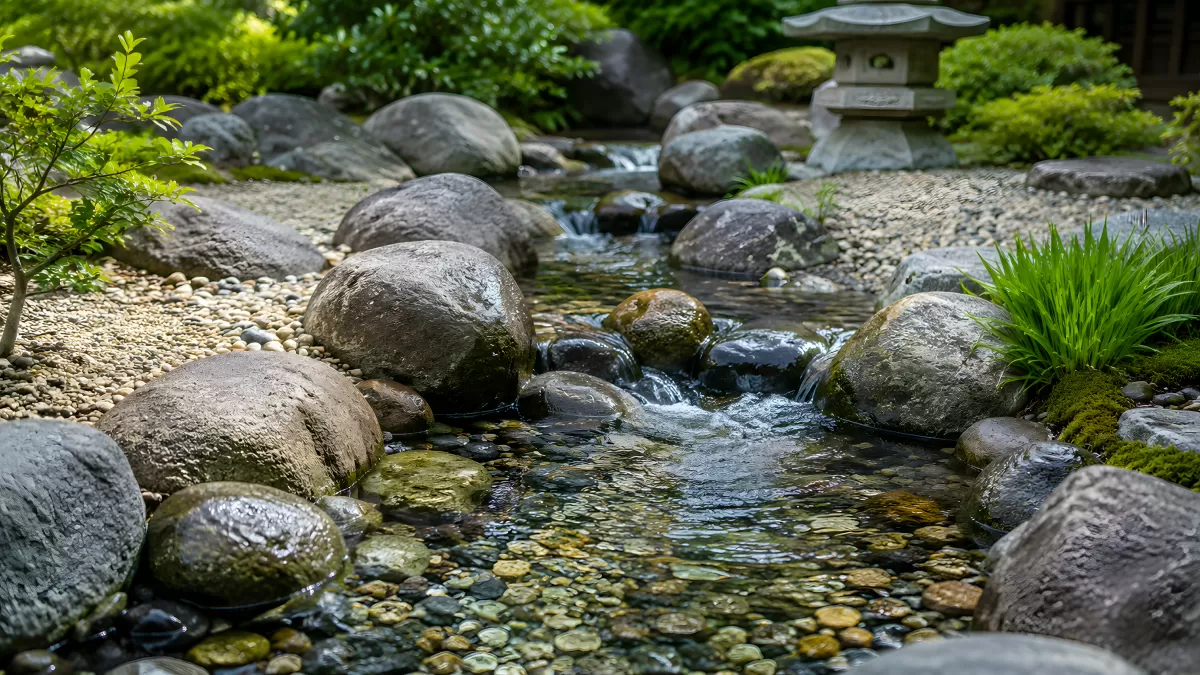 Japanischer Garten mit Bach und Steinlaterne
