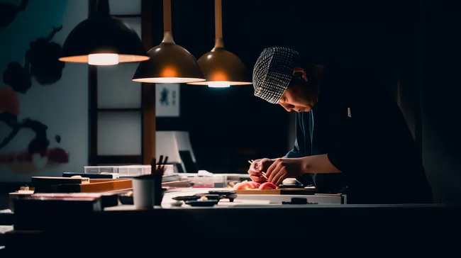 Japanischer Küchenchef bereitet traditionelle Sushi-Gerichte zu