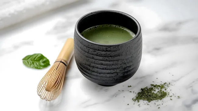 Japanischer Matcha-Tee in traditioneller Schale mit Bambuswedel