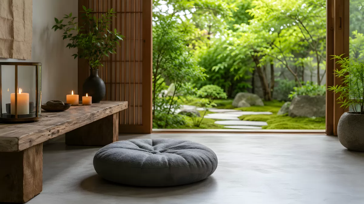 Japanischer Meditationsraum mit Blick in Zen-Garten