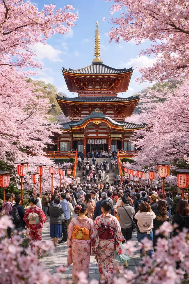 Japanischer Tempel mit Kirschblüten in Tokio
