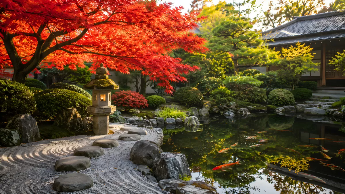 Japanischer Zen-Garten mit Koi-Teich im Herbst