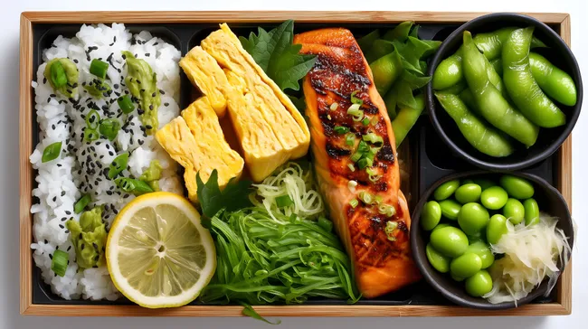 Japanisches Bento-Gericht mit Lachs, Reis und Gemüse