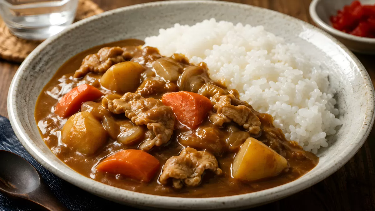 Japanisches Curry mit Reis, Karotten und Kartoffeln