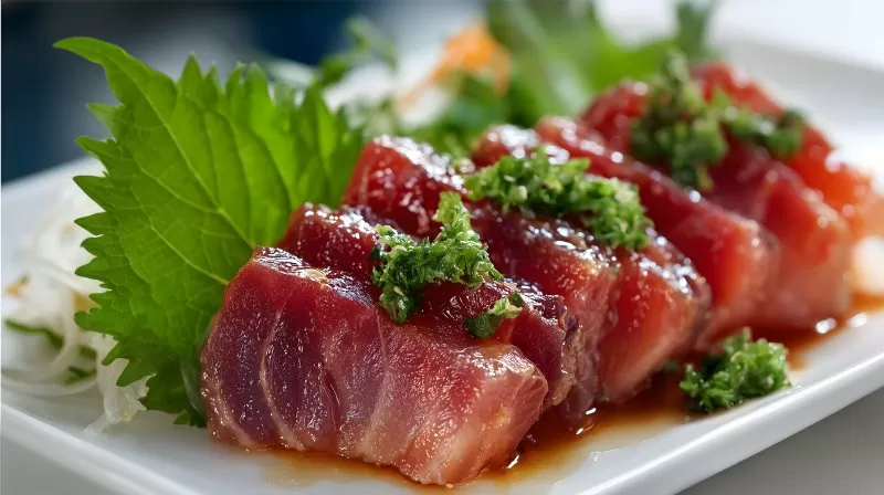 Japanisches Sashimi mit Sauce und Kräutern auf weißem Teller