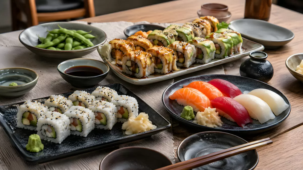 Japanisches Sushi-Arrangement mit Nigiri und Maki-Rollen