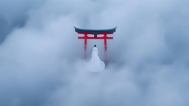 Japanisches Torii-Tor im Nebel - Atmosphärisches Stockbild kostenlos herunterladen