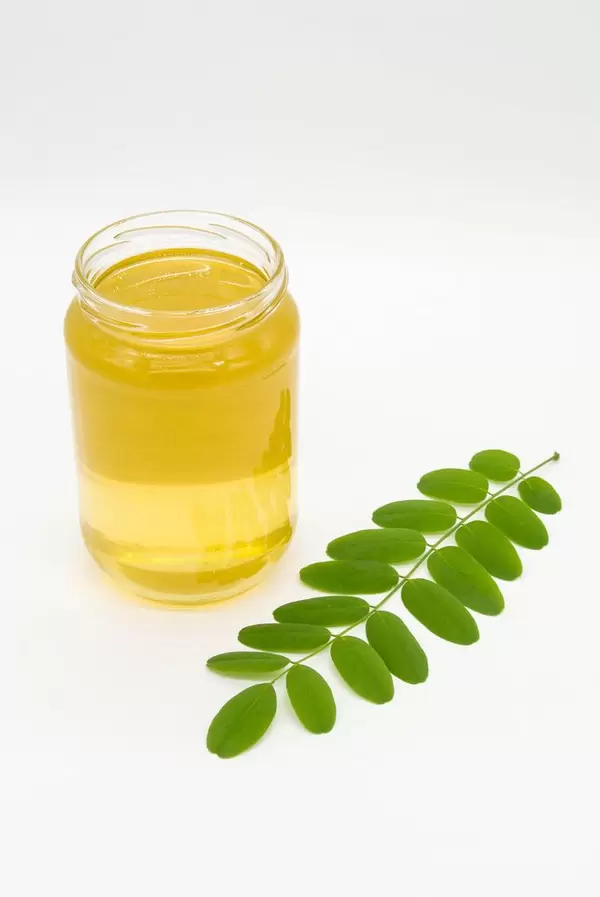 Jar of acacia honey with a small green branch