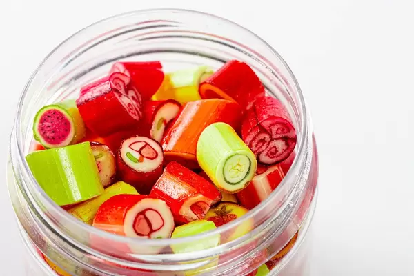 Jar of candy fruit candies close up (Flip 2020)
