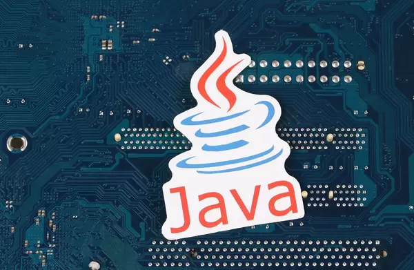 Java programming logo over electronic circuit board background