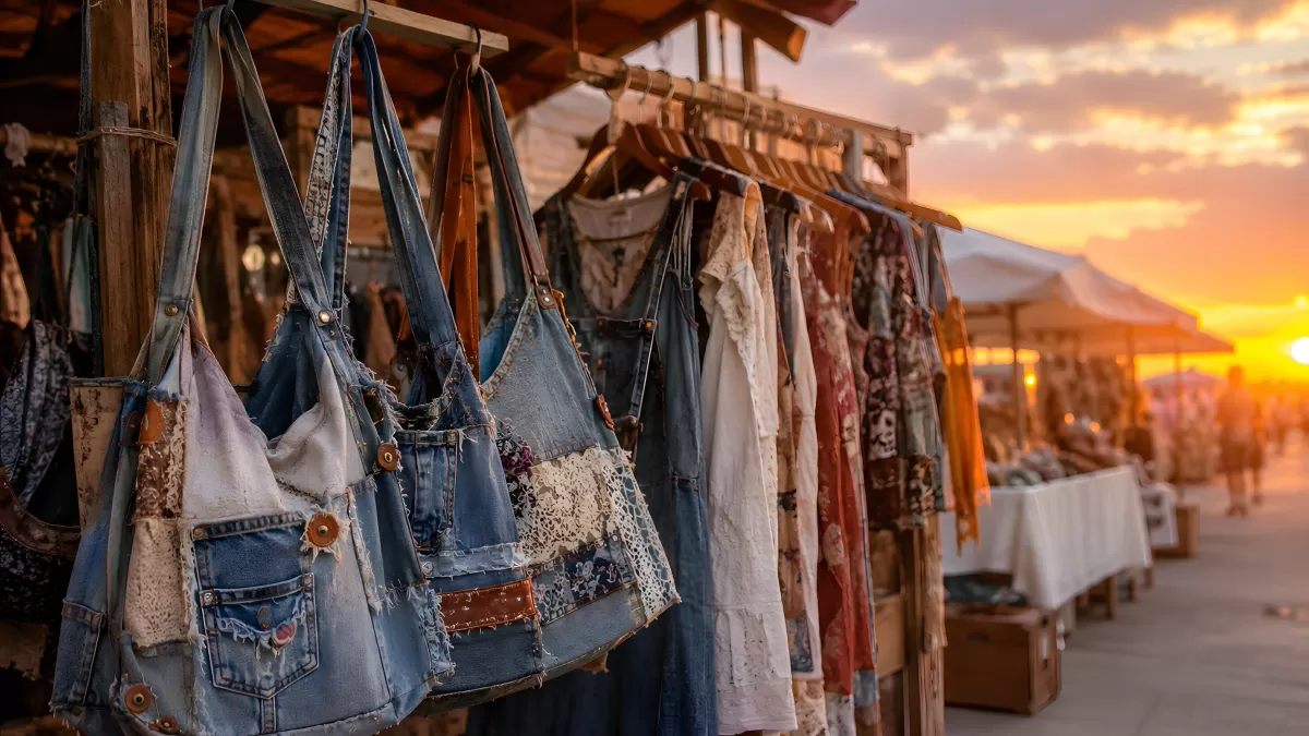 Jeanstaschen und Boho-Kleider auf Flohmarkt bei Sonnenuntergang