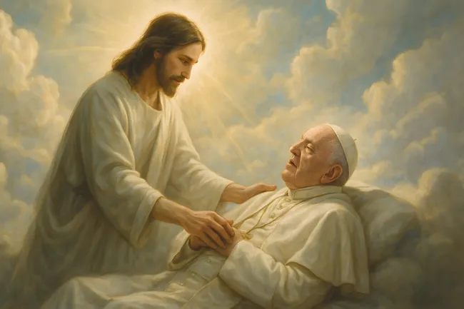 Jesus Christus segnet den Papst im Himmel