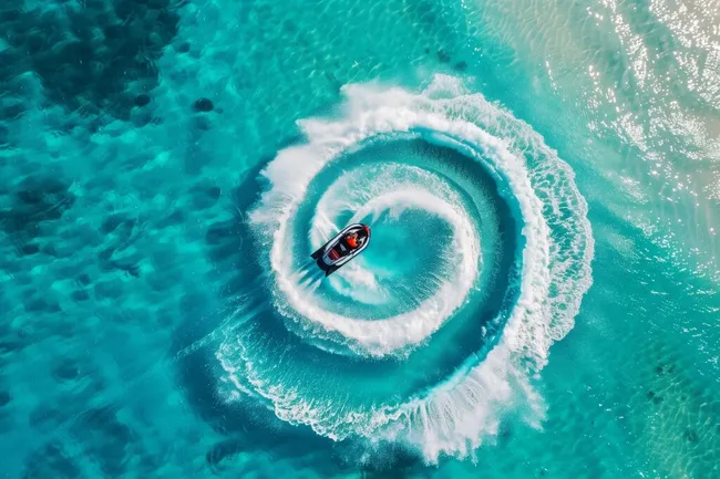 Jet-Ski Fahrer zieht kreisförmige Spur im türkisfarbenen Wasser