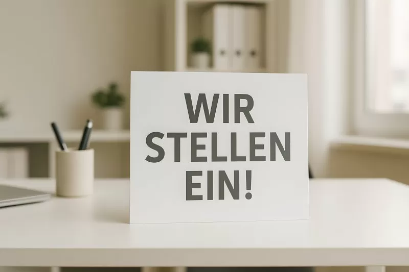 Jobanzeige mit Schild Wir stellen ein auf hellem Schreibtisch