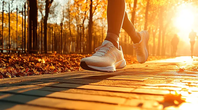 Joggen im Herbstwald bei Sonnenlicht