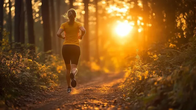 Joggende Frau bei Sonnenuntergang im Wald
