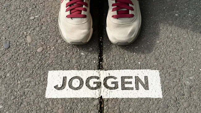 Jogger auf Asphalt mit Joggen-Schild