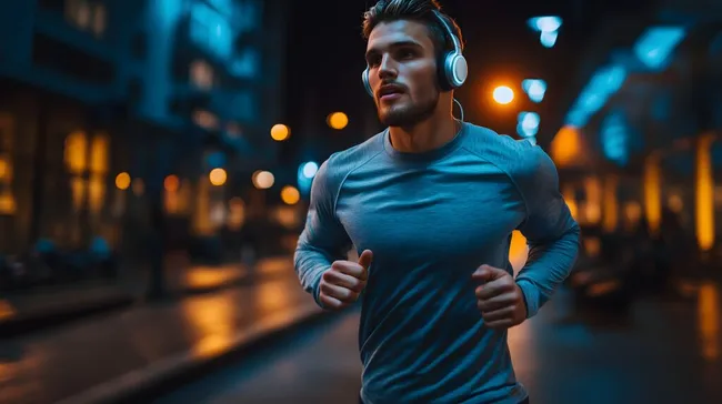 Jogger in der beleuchteten Nachtstraße