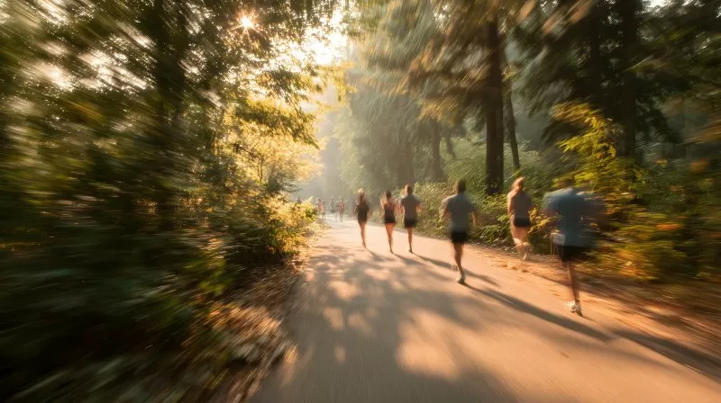 Jogger laufen auf befestigtem Weg durch herbstlichen Stadtpark