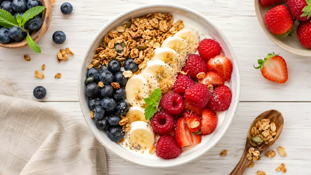 Joghurt-Bowl mit Beeren, Banane und Granola