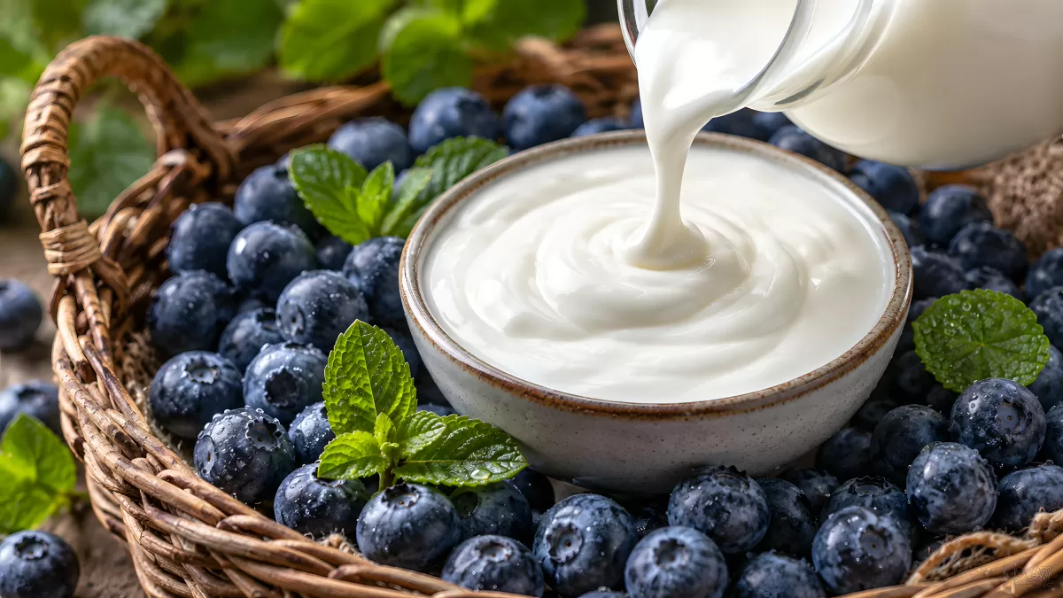 Joghurt in Schüssel mit frischen Blaubeeren im Korb