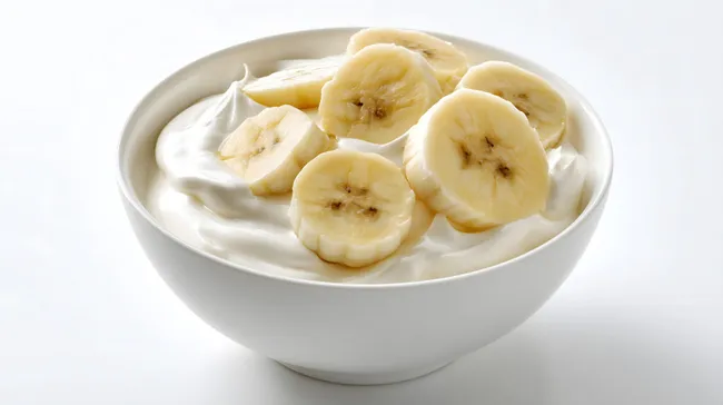 Joghurt mit frischen Bananenscheiben in Schüssel