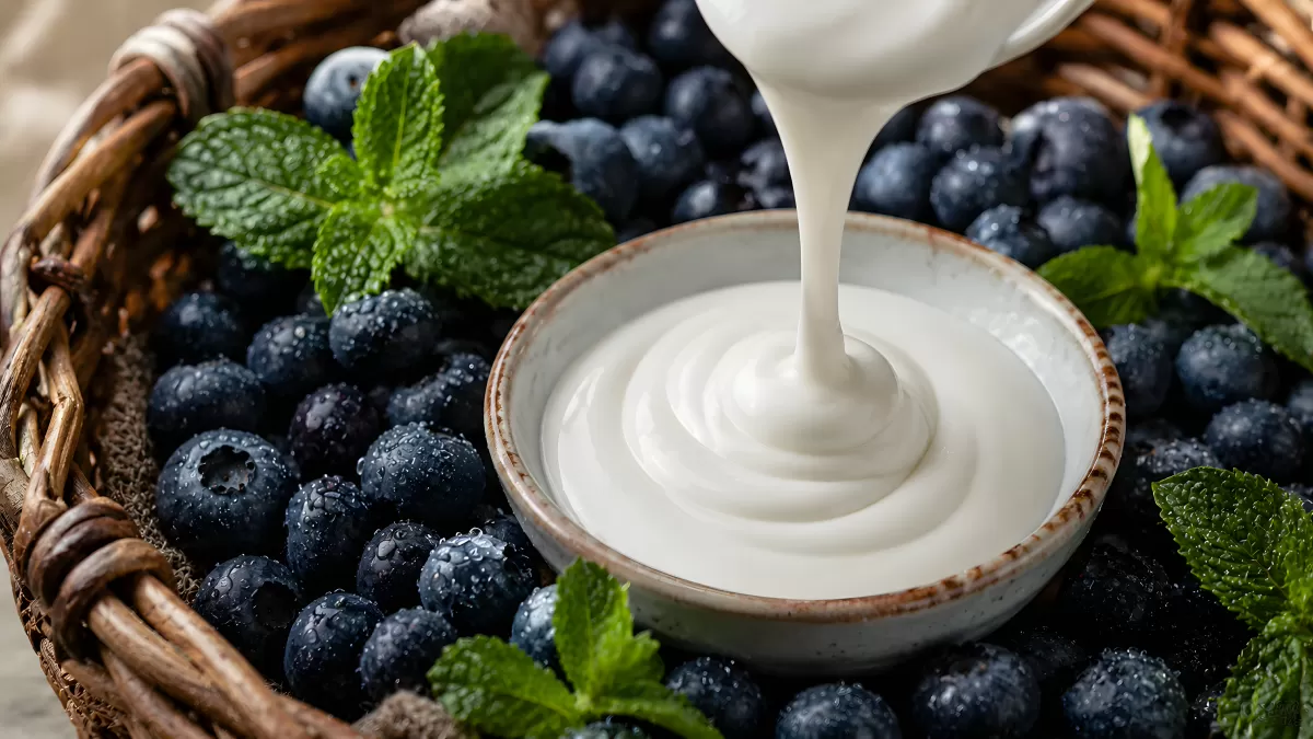 Joghurt wird in Schälchen mit Blaubeeren gegossen