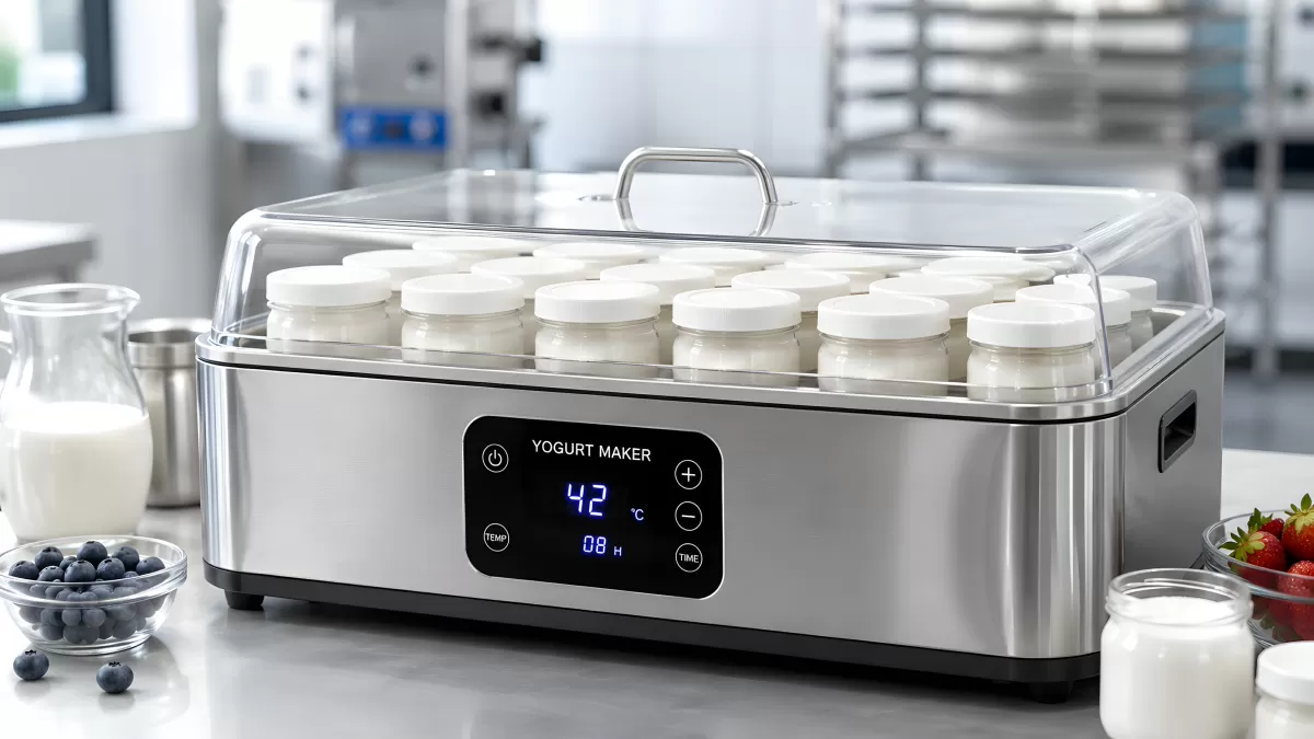 Joghurtbereiter mit Gläsern bei 42 Grad Celsius