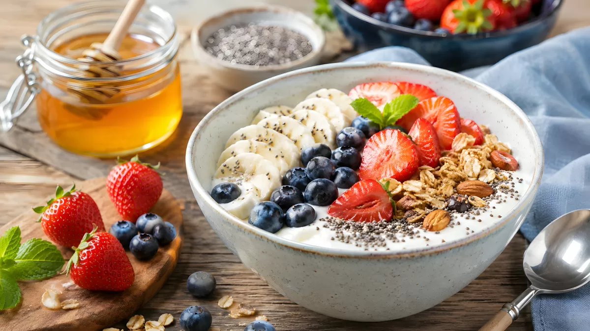 Joghurtbowl mit Beeren, Banane und Granola