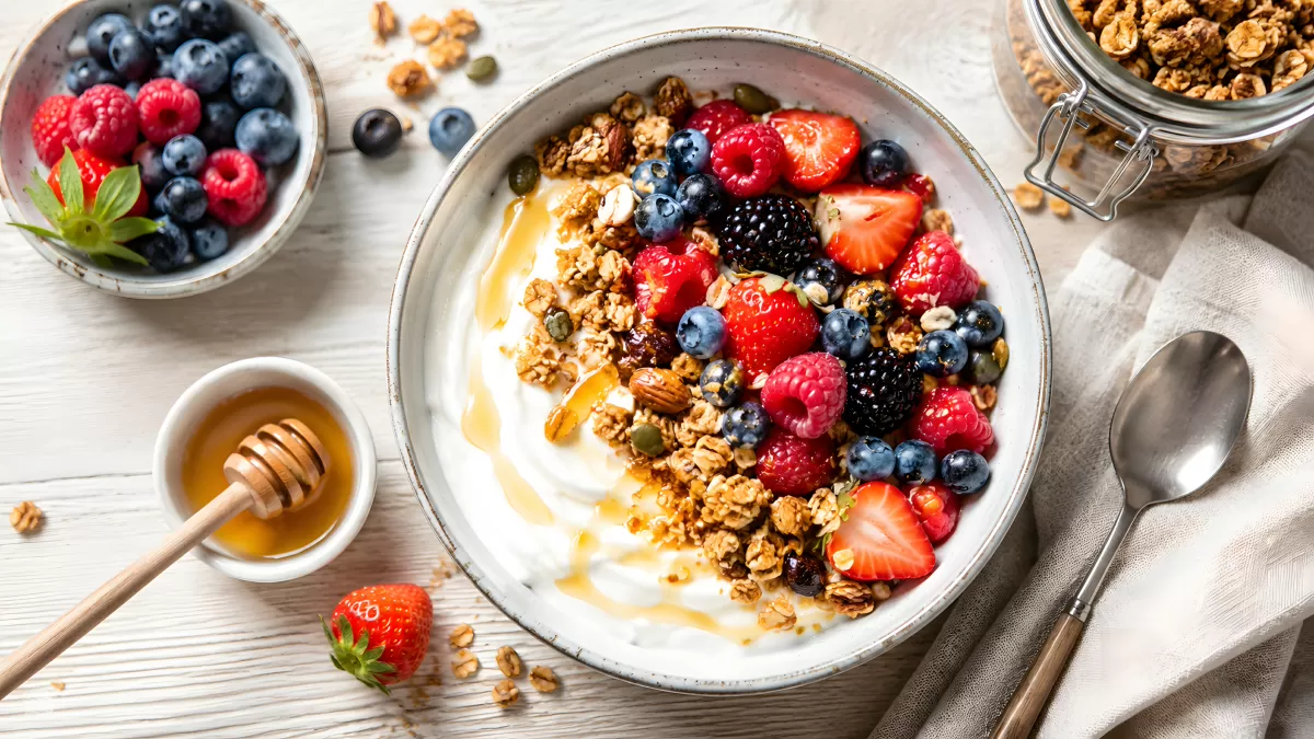 Joghurtbowl mit Beeren, Granola und Honig