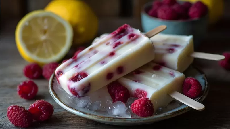 Joghurteis mit Himbeeren und Zitrone auf Eiswürfeln