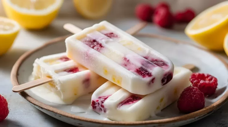 Joghurteis mit Himbeeren und Zitrone auf hellem Hintergrund