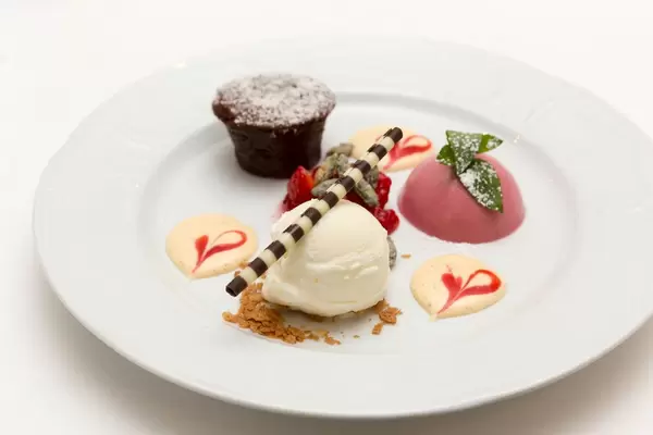 Johannisbeer-Panna Cotta, Schokoladenküchlein und Joghurteis