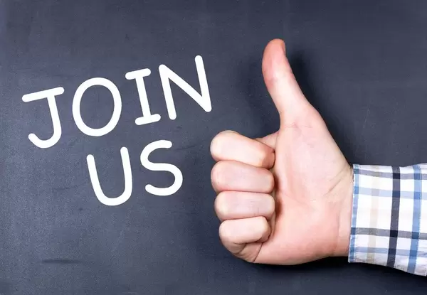 Join us text with hand showing thumbs up