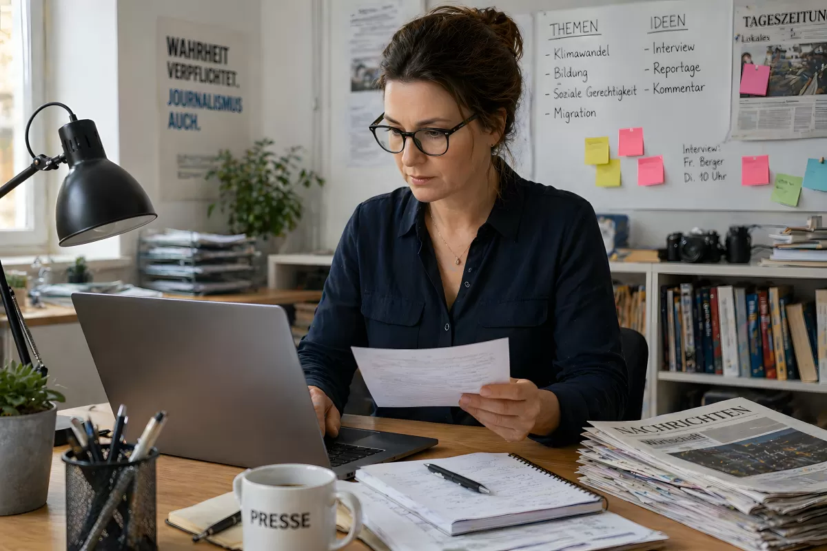 Journalistin arbeitet konzentriert in der Redaktion