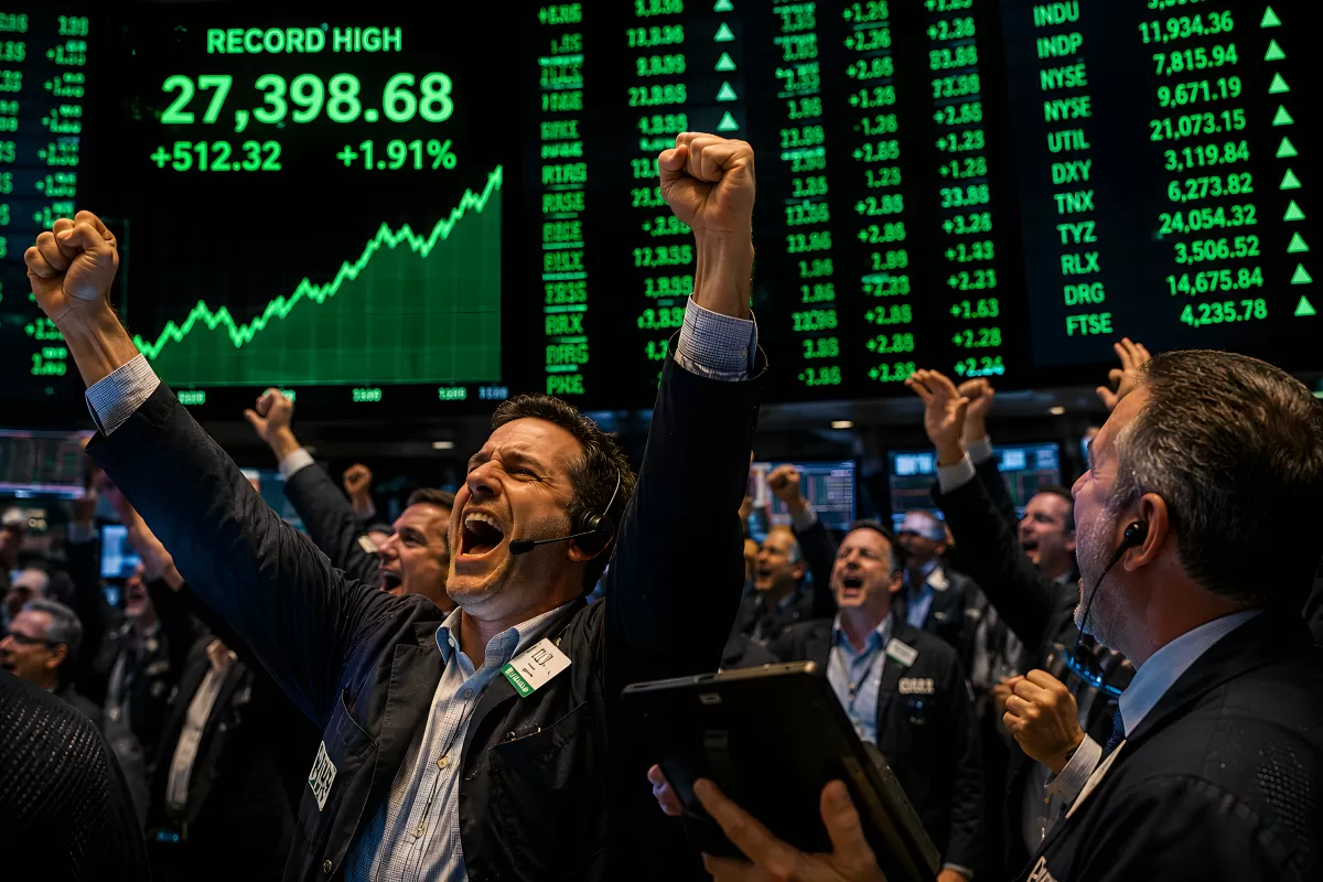 Jubelnde Börsenhändler bei Rekordhoch an der Wallstreet