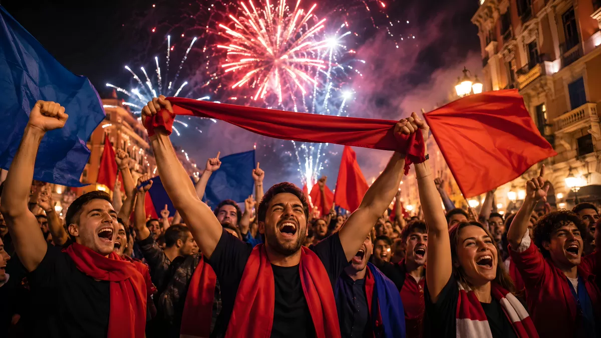 Jubelnde Fans feiern mit Fahnen und Feuerwerk