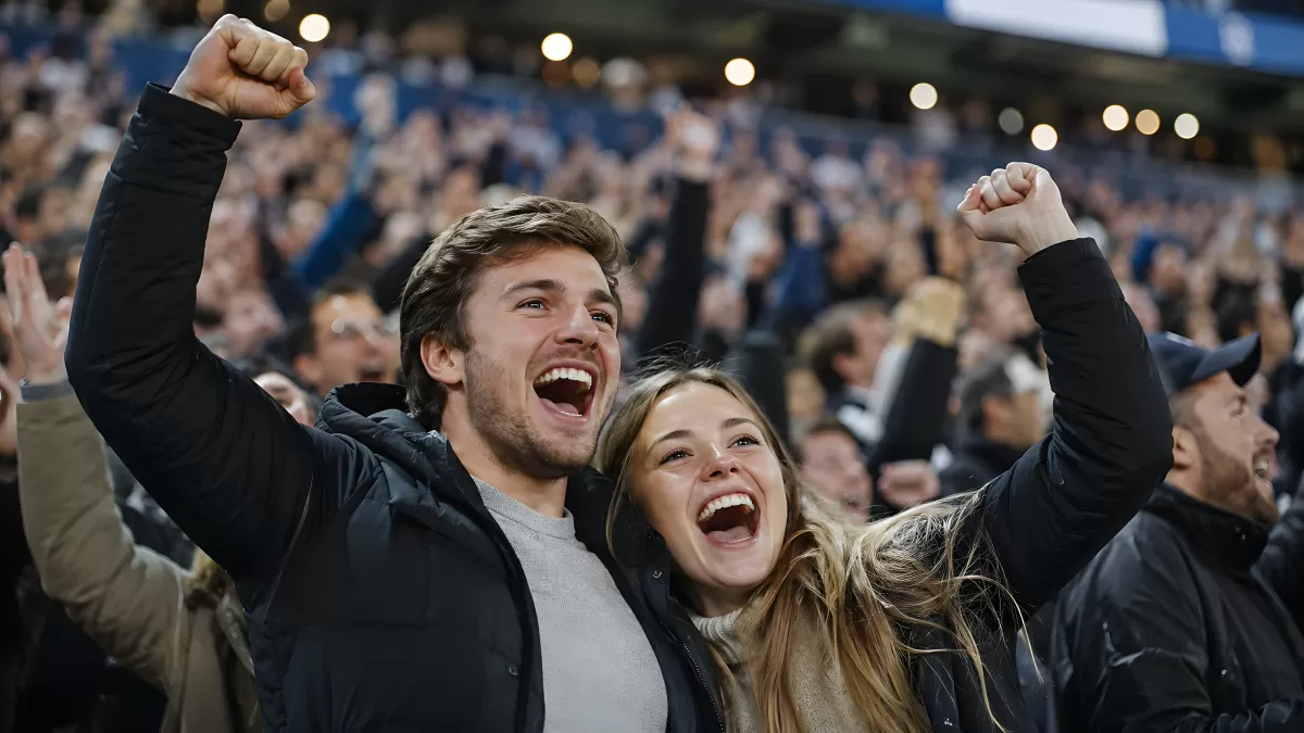 Jubelnde Fans feiern Tor im vollbesetzten Stadion