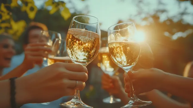 Jubelnde Freunde stoßen mit Champagnergläsern an