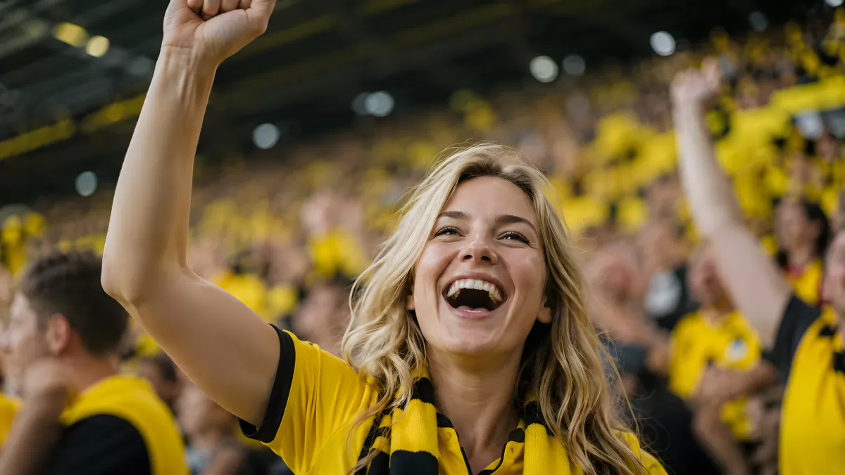 Jubelnde Fußballfan im schwarzgelben Stadion