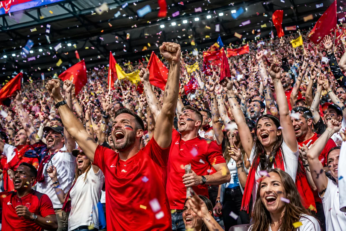 Jubelnde Fußballfans im Stadion mit roten Fahnen