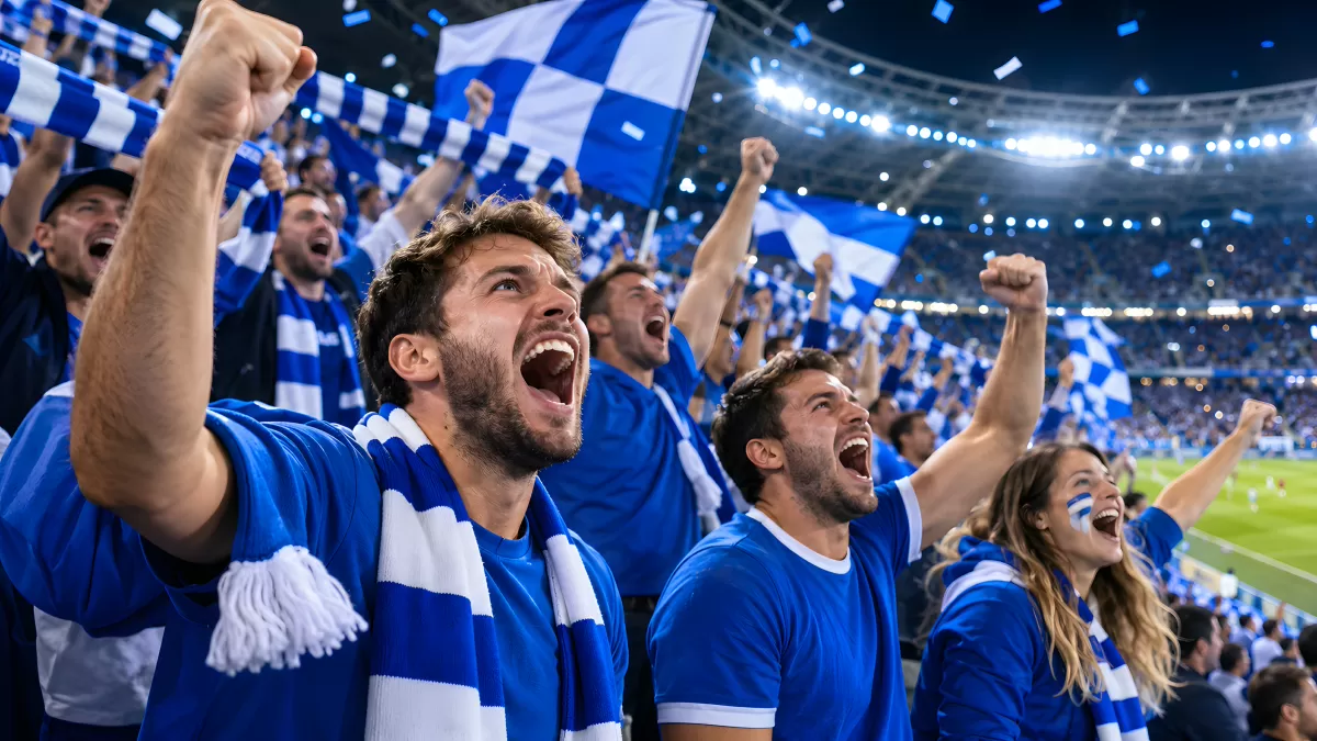 Jubelnde Fußballfans in Blau-Weiß im Stadion