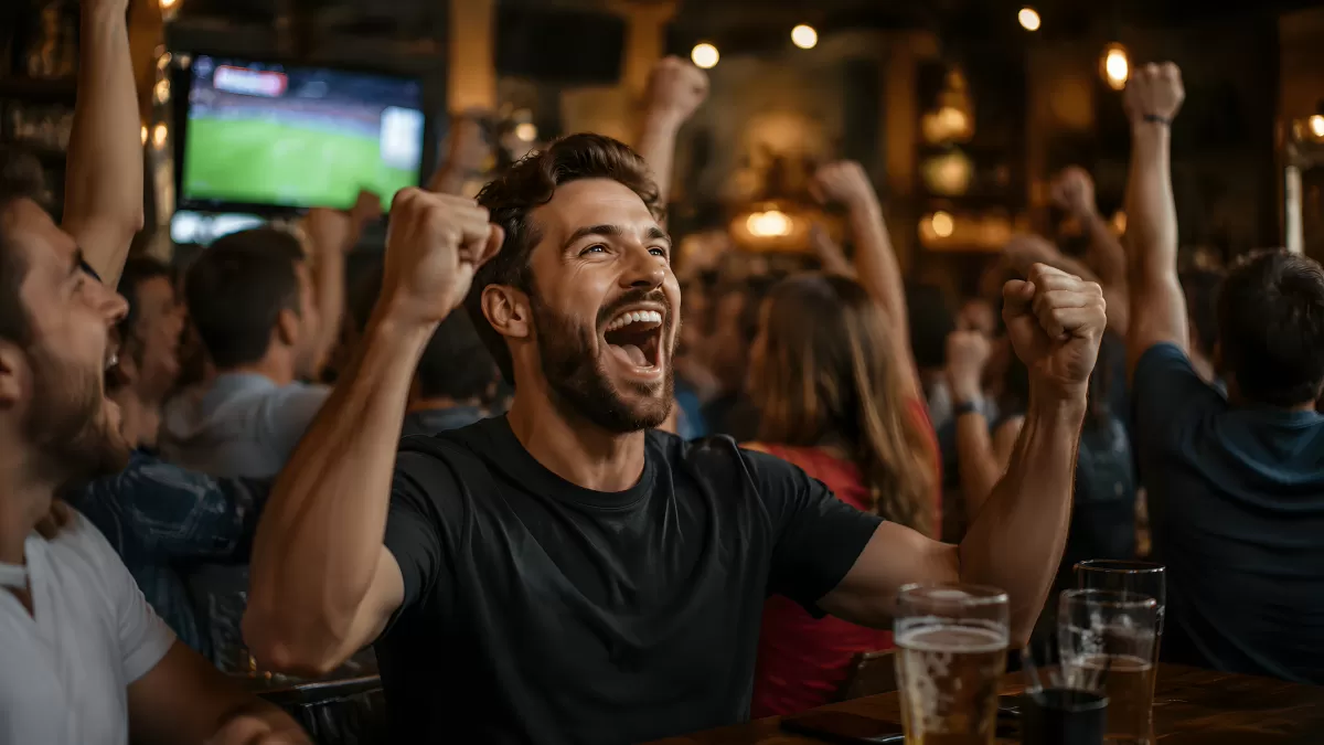 Jubelnde Fußballfans in einer belebten Sportsbar