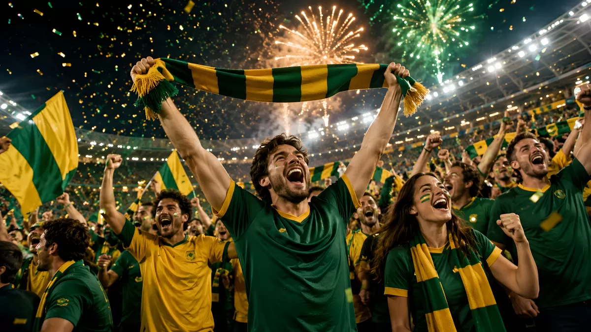 Jubelnde Fußballfans in Grün-Gelb feiern Sieg im Stadion